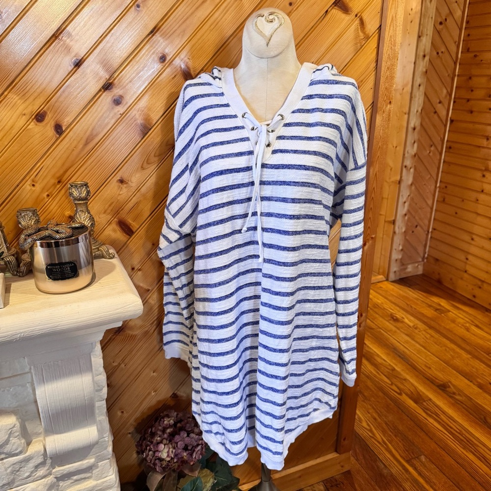 Keren Hart Striped Hooded Lace Up Top Blue White Size XL - Picture 9 of 9